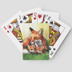 Jeu De Cartes Renard rouge Mère et Kits dans l'herbe