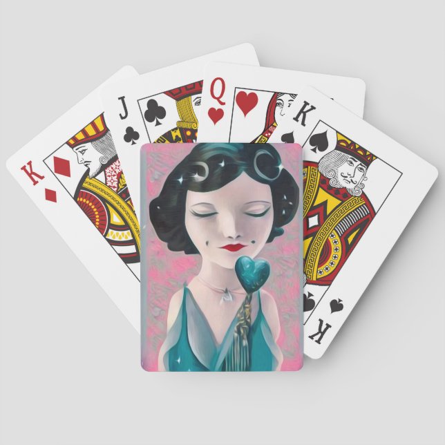 Jeu De Cartes Retro Surreal Art Déco Dame de Coeur Turquoise (dos)