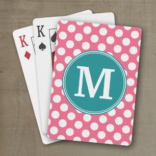 Jeu De Cartes Rose chaud et Pois Turquoises avec Monogramme pers