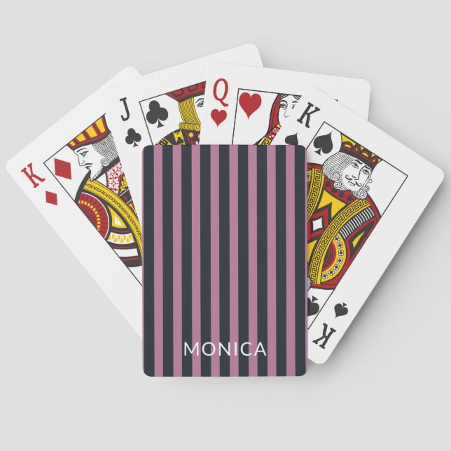 Jeu De Cartes rose rayé | nom personnalisé marine (dos)
