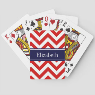 Jeu De Cartes Rouge Blanc Chevron LG Bleu Marine Monogramme Init