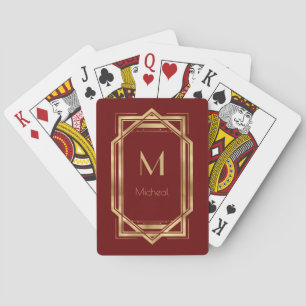 Jeu De Cartes Rouge et Or Géométrique Monogramme & Nom
