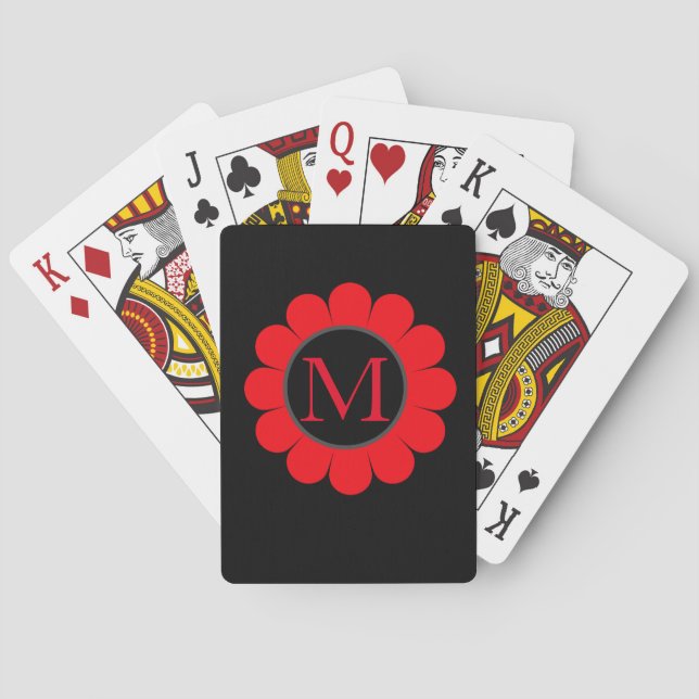 Jeu De Cartes Rouge Floral Monogramme Noir Personnalisé Nom Favo (dos)