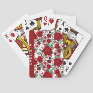 Jeu De Cartes Rouge Poinsettia Fleurs Ivy Feuille Aquarelle Nom