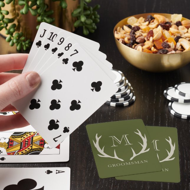 Jeu De Cartes Rustic Army Green Antler Personnalisé Groomsmen Ca (In Situ)