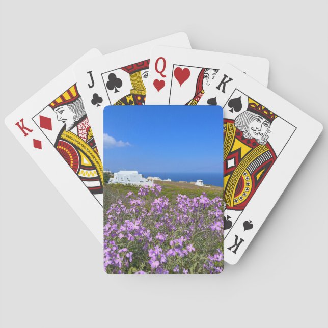 Jeu De Cartes Santorin Grèce Bâtiment blanc Violet Fleur sauvage (dos)