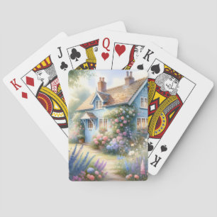 Jeu De Cartes Scène florale de maison bleue de jardin de campagn