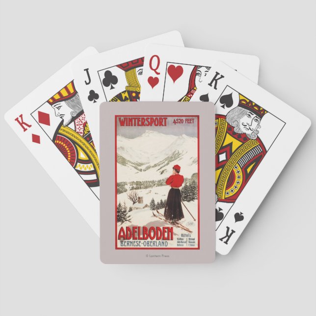 Jeu De Cartes Skieur de femme donnant sur l'affiche d'Adelboden (dos)