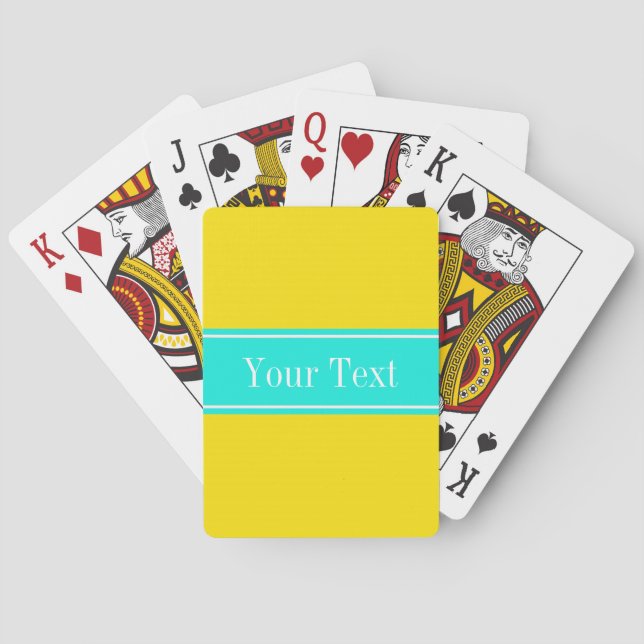 Jeu De Cartes Solide Jaune, Bright Aqua Ribbon Nom Monogramme (dos)