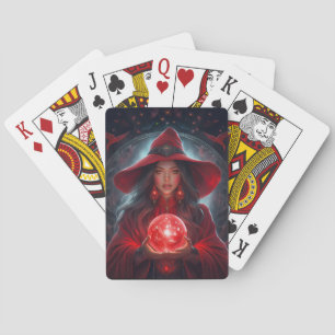 Jeu De Cartes Sorcière rouge avec boule de cristal et arrière-pl