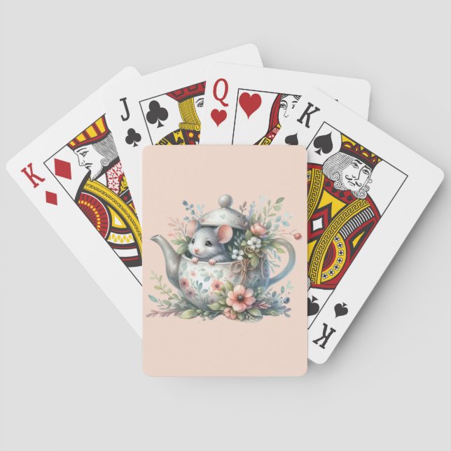 Jeu De Cartes Souris mignonne en théière florale Illustration (dos)