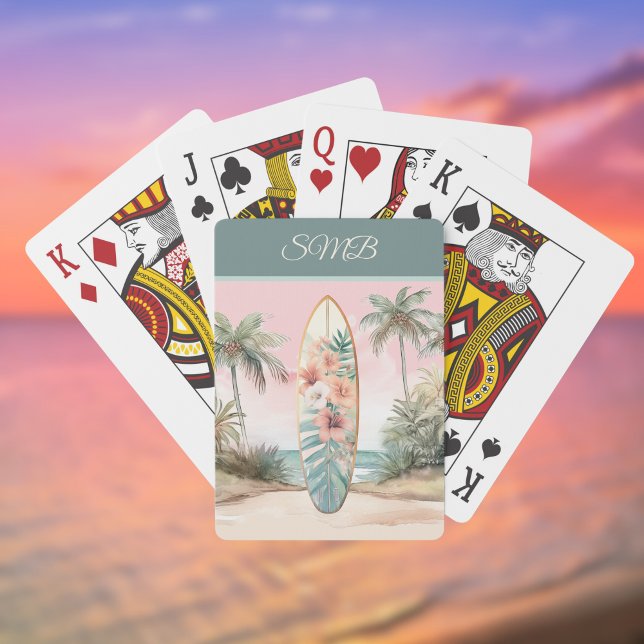 Jeu De Cartes Surfboard Tropical Island Flower  Palm Tree w Name (Créateur téléchargé)