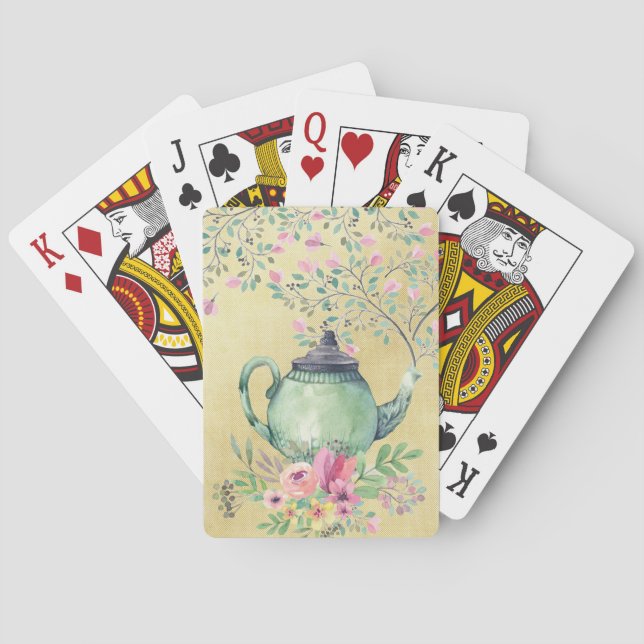 Jeu De Cartes Théière d'aquarelle et or élégants de fleurs (dos)