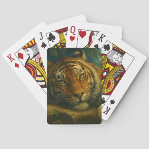 Jeu De Cartes Tigre d'aquarelle reposant dans la forêt nocturne