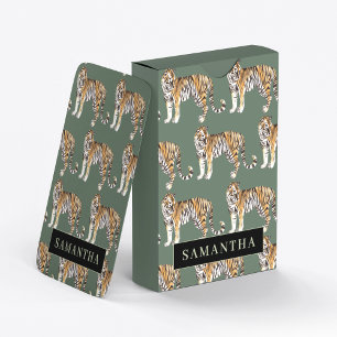 Jeu De Cartes Tigres d'aquarelle verte tropicale Motif avec nom