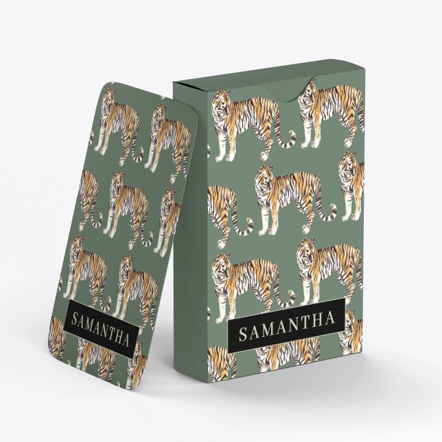 Jeu De Cartes Tigres d'aquarelle verte tropicale Motif avec nom (Créateur téléchargé)
