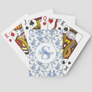 Jeu De Cartes Toile Bleue Motif Floral Monogramme Nom