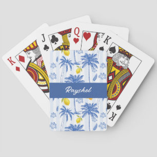 Jeu De Cartes Toile Bleue Palmiers Citrons Monogramme Nom