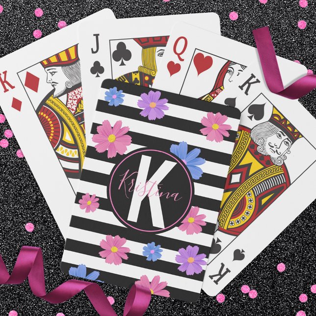 Jeu De Cartes Trendy Floral noir & blanc rayures personnalisées (Créateur téléchargé)