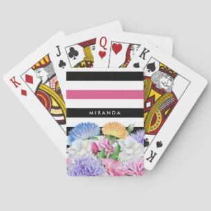 Jeu De Cartes Trendy rose et noir rayures florales avec nom
