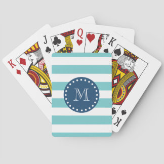 Jeu De Cartes Turquoise blanc rayures Motif, bleu marine Monogra