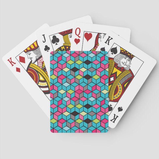 Jeu De Cartes Turquoise et motif rose de cube (dos)