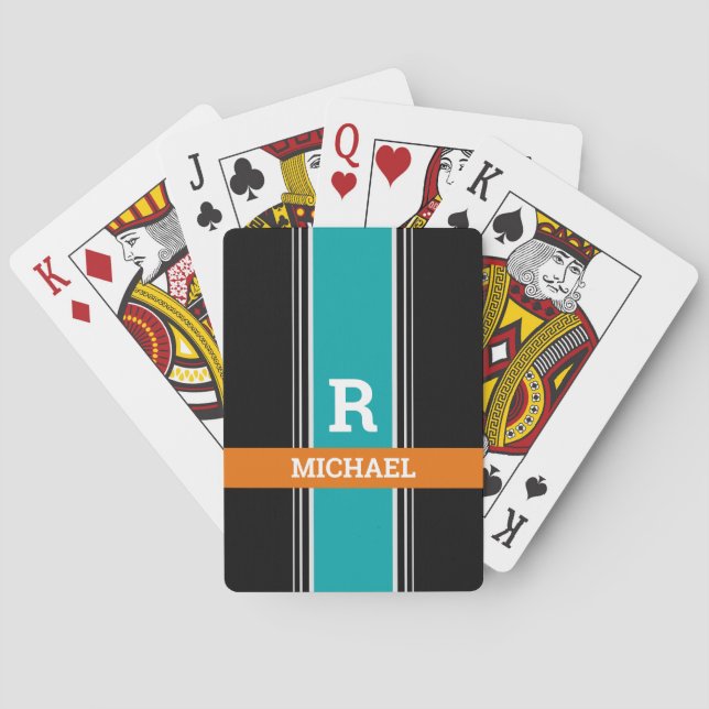 Jeu De Cartes Turquoise Orange & Grandes Noires, Monogramme Gras (dos)