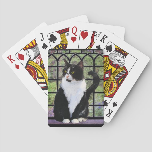 Jeu De Cartes Tuxedo Chat dans la peinture de fenêtre Art animal (dos)