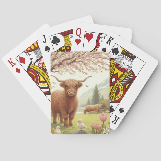 Jeu De Cartes Vache des hautes terres mignonne, florale/printani (dos)