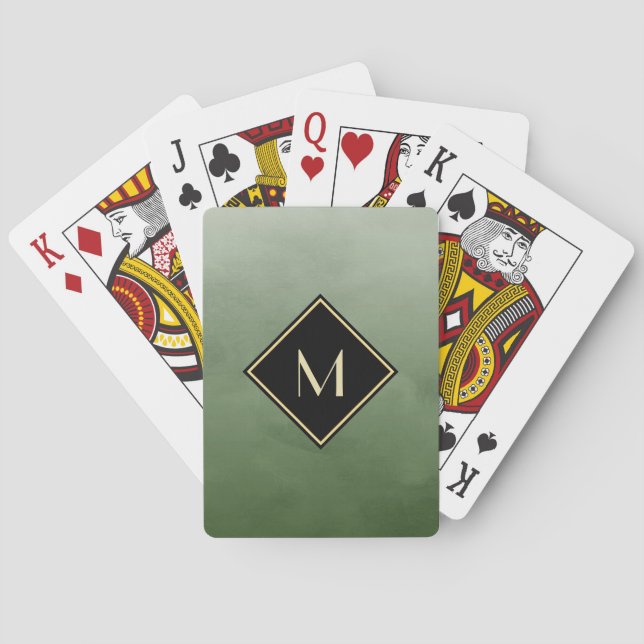 Jeu De Cartes Vert balayé élégant avec le monogramme simple d'or (dos)