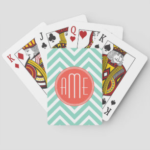 Jeu De Cartes Vert chic Chevron d'Aqua et monogramme fait sur
