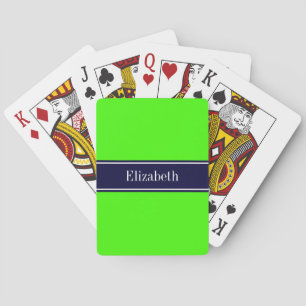 Jeu De Cartes Vert Citron Uni, Ruban Bleu Marine Monogramme Nom