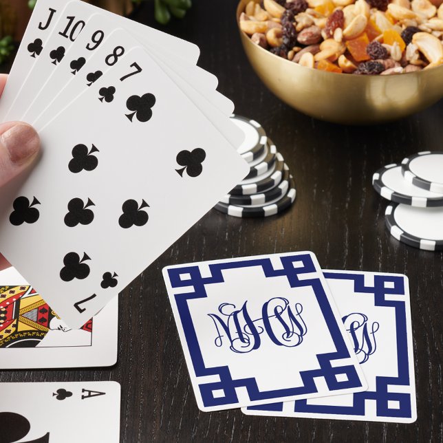 Jeu De Cartes Vigne clé grecque de la marine blanche Monogramme  (Créateur téléchargé)