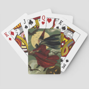 Jeu De Cartes Vintage Halloween sorcière Broomstick avec chat