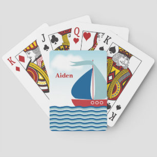 Jeu De Cartes Voilier rouge et bleu sur des vagues d'eau, person