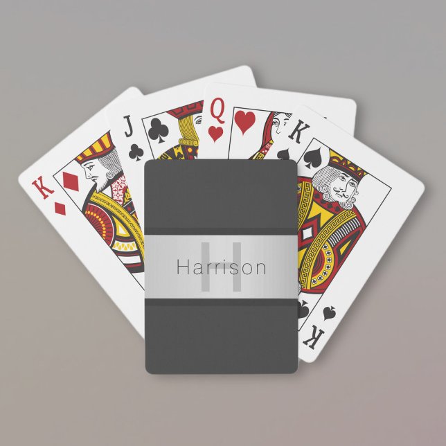 Jeu De Cartes Votre nom et votre monogramme | Gris & Faux Silver (Créateur téléchargé)