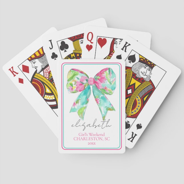 Jeu De Cartes Voyage personnalisé Preppy Rose et Green Bow (dos)