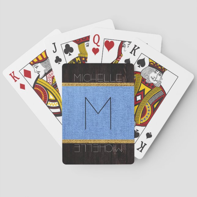 Jeu De Cartes Vue en bois de toile de jute bleue rustique Monogr (dos)