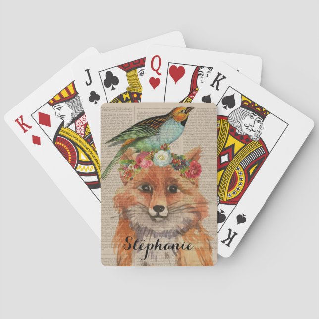 Jeu De Cartes Watercolor Fox Floral Collage Nom personnalisé (dos)