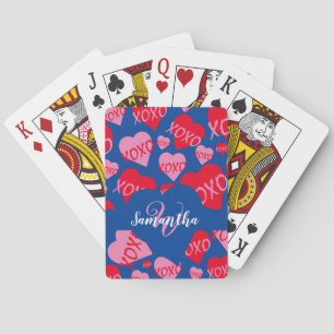 Jeu De Cartes XOXO rose Motif de coeur rouge Monogramme bleu