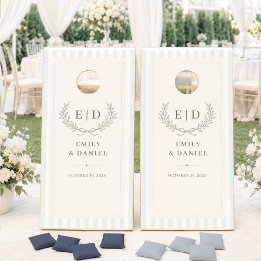 Jeu De Cornhole Mariage à monogramme rayé bleu et sauge