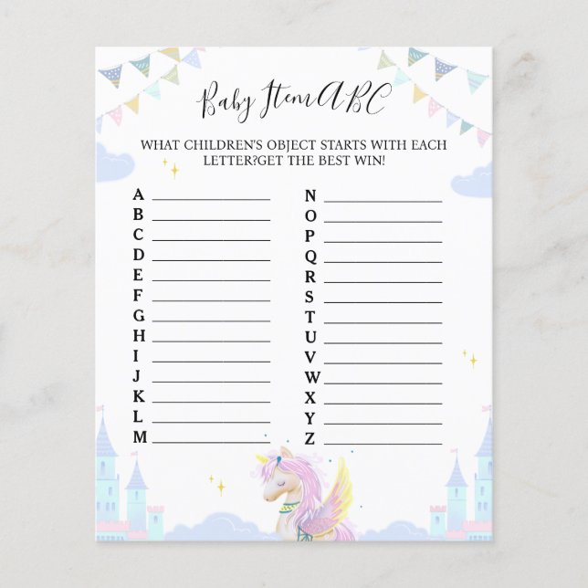 Jeu de feuille "Baby Item ABC" pour baby shower. (Devant)