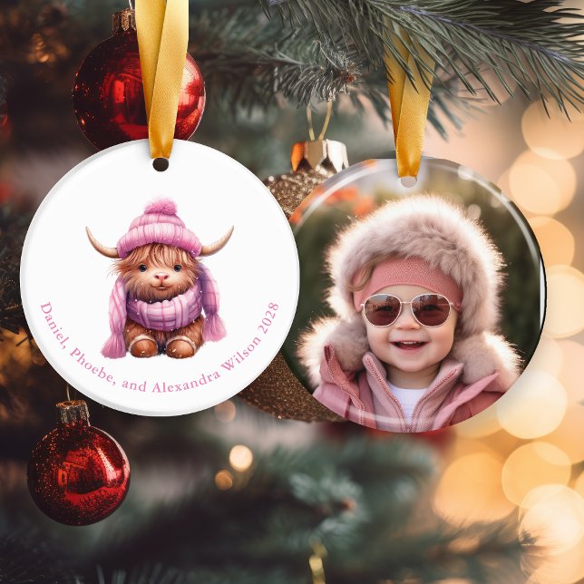 Jeu de neige rose Highland Vache Ornement de Noël (Créateur téléchargé)