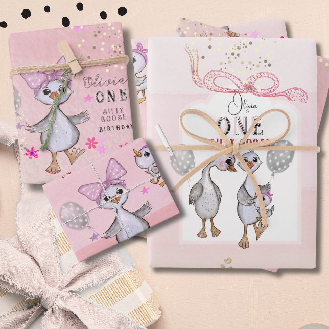 Jeu de papier d'enveloppement de 1er anniversaire  (Silly Goose 1st Birthday Wrapping Paper Set)