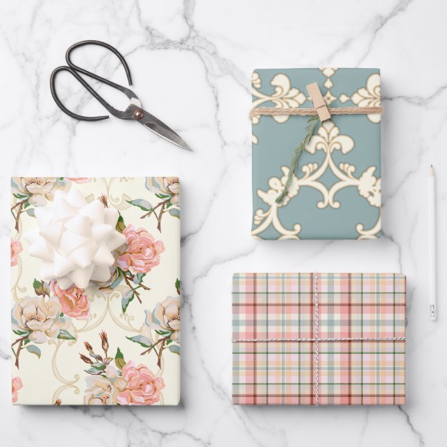 Jeu de papier d'enveloppement Rose de pêches et de (Recto)