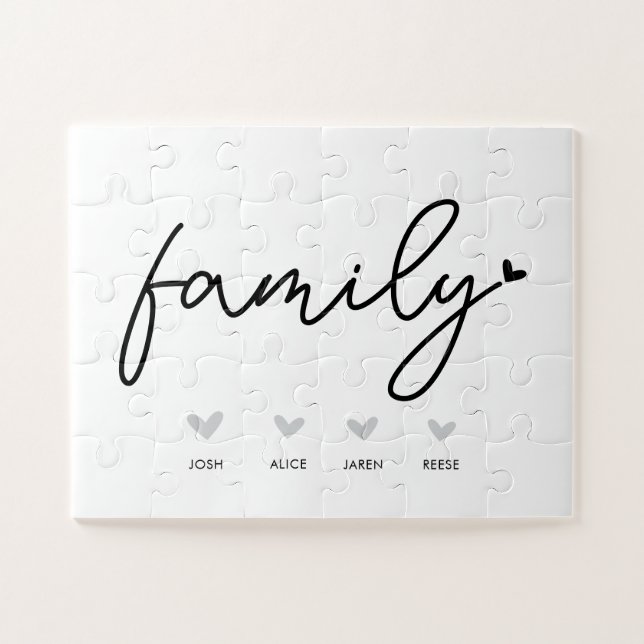 Jeu de puzzle familial personnalisé Coeurs et nom  (Horizontal)