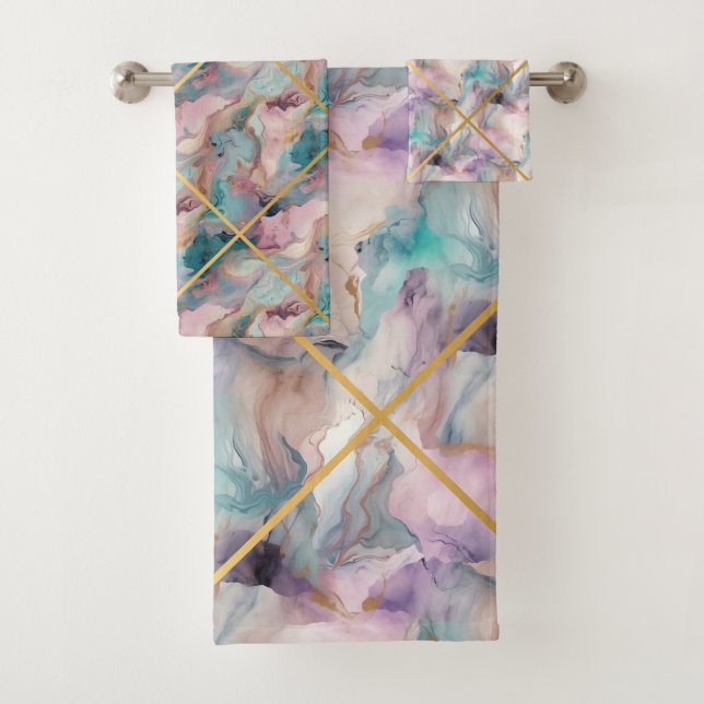 JEU DE SERVIETTES DE BAIN EN MARBRE PASTEL (En situation)