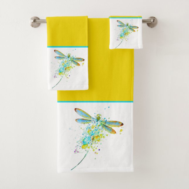 Jeu de serviettes de bain turquoise à libellule (En situation)