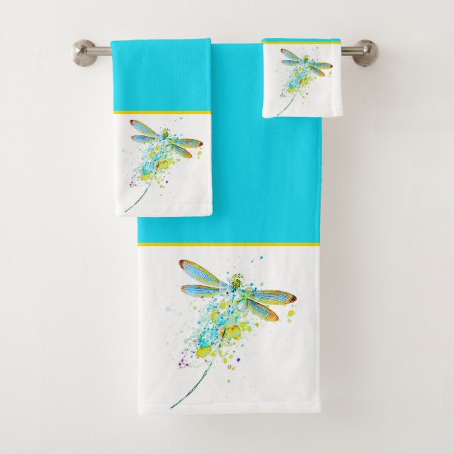 Jeu de serviettes de bain turquoise à libellule (En situation)