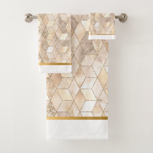 JEU DE SERVIETTES DE SALLE DE BAIN EN OR GEO BLOCK (En situation)